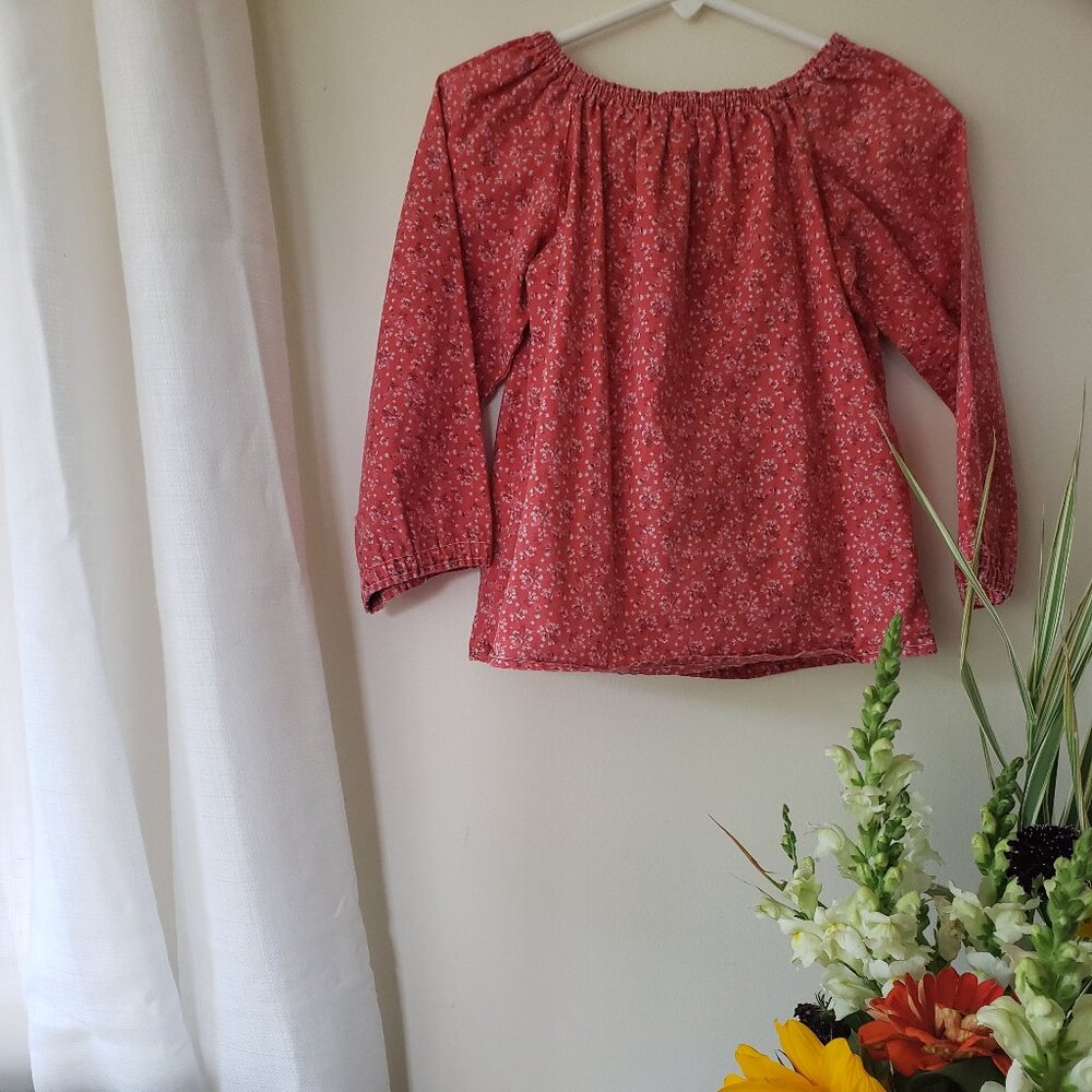 Coral calico cotton peasant top
